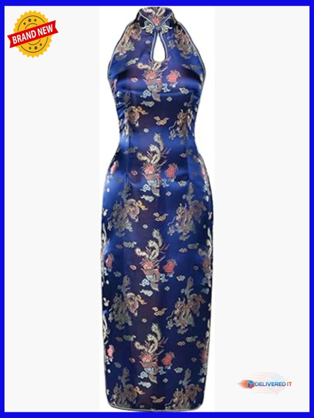Backless Halter Maxi Dress Chinese Satin Formal Evening Gown